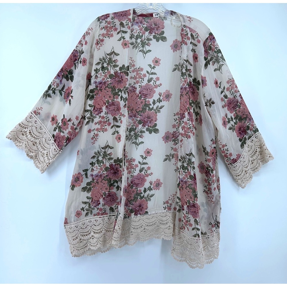 Jolt Floral Chiffon Kimono Cardigan Pink Crochet Lace Trim Boho‎ Open Front Med